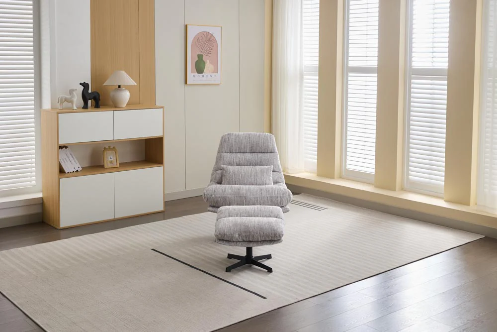 Turner Ash Grey Chair with Stool – Swivel Design and Bolster Cushion