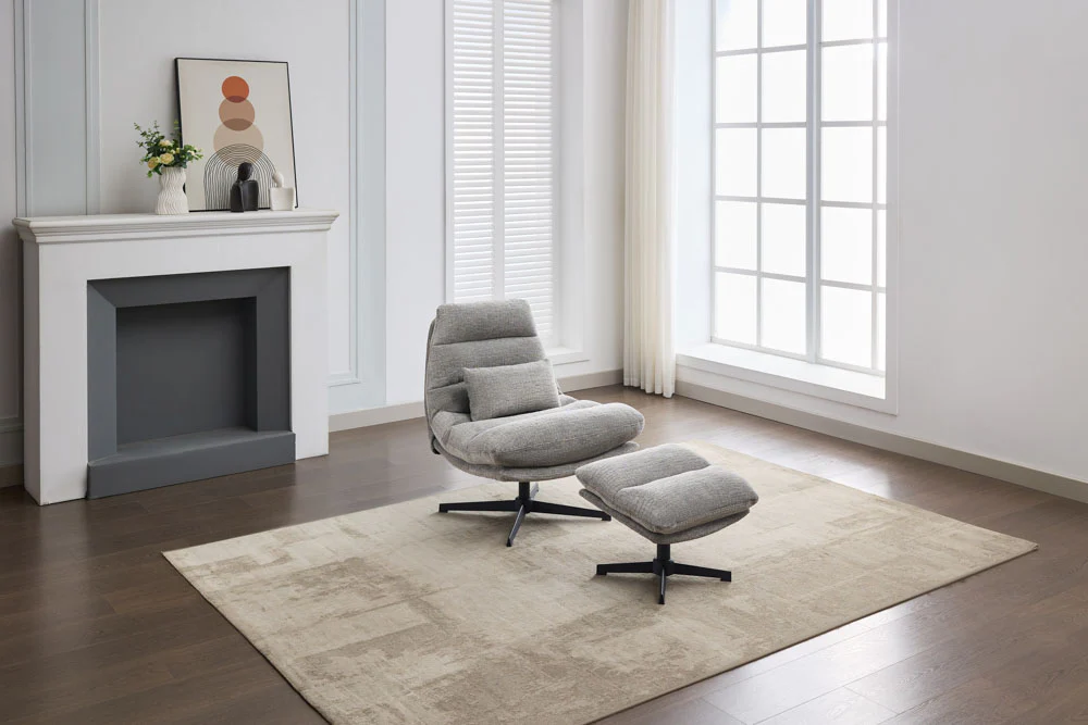 Turner Grey Chair with Stool – Swivel Design and Bolster Cushion
