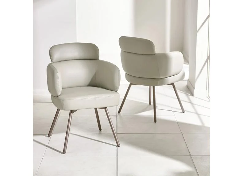 Two Callisto Swivel Dining Chairs – Beige Faux Leather Dining Chair with Brushed Bronze Swivel Base