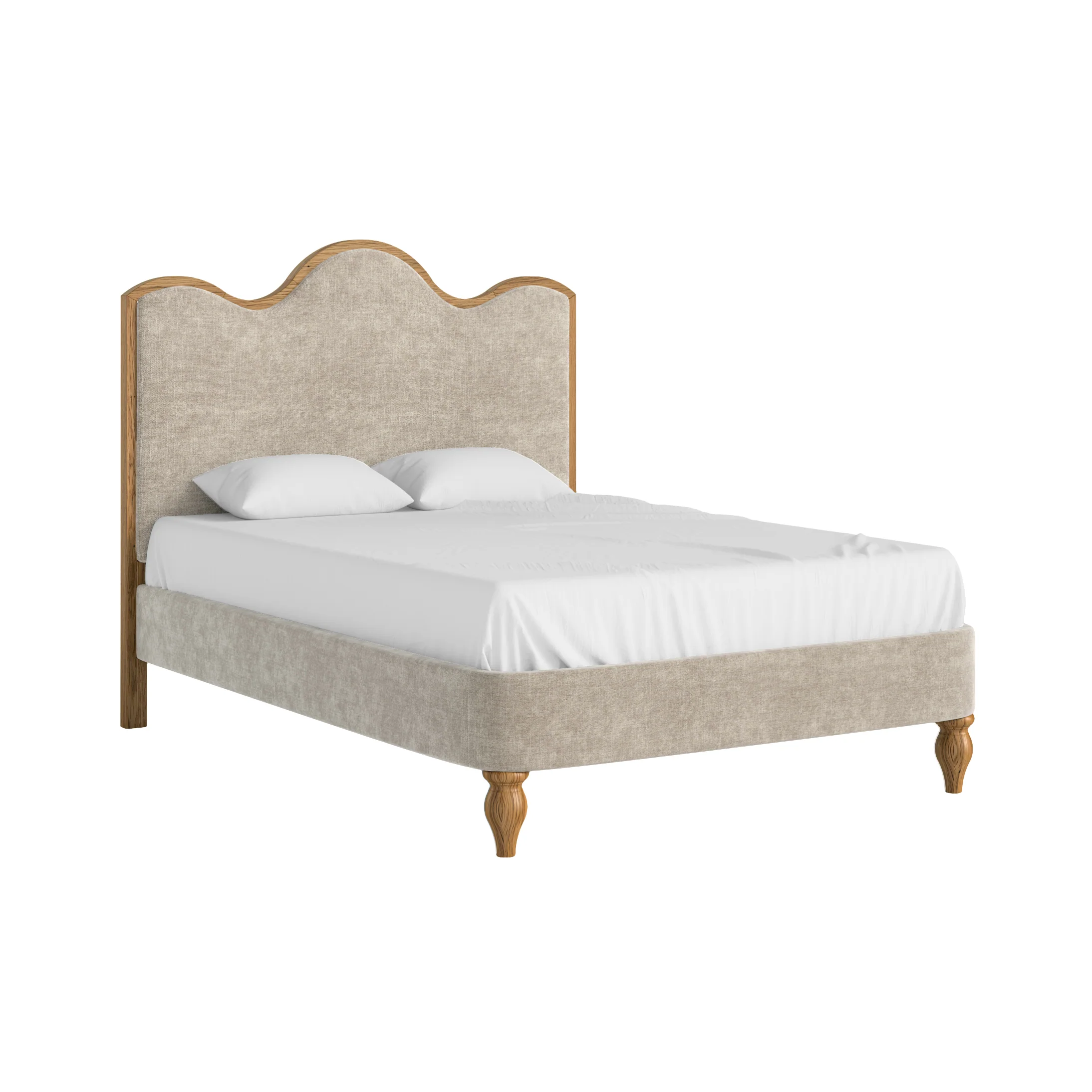 Verona Bed 4'6 – Upholstered Oatmeal Frame with Curved Headboard