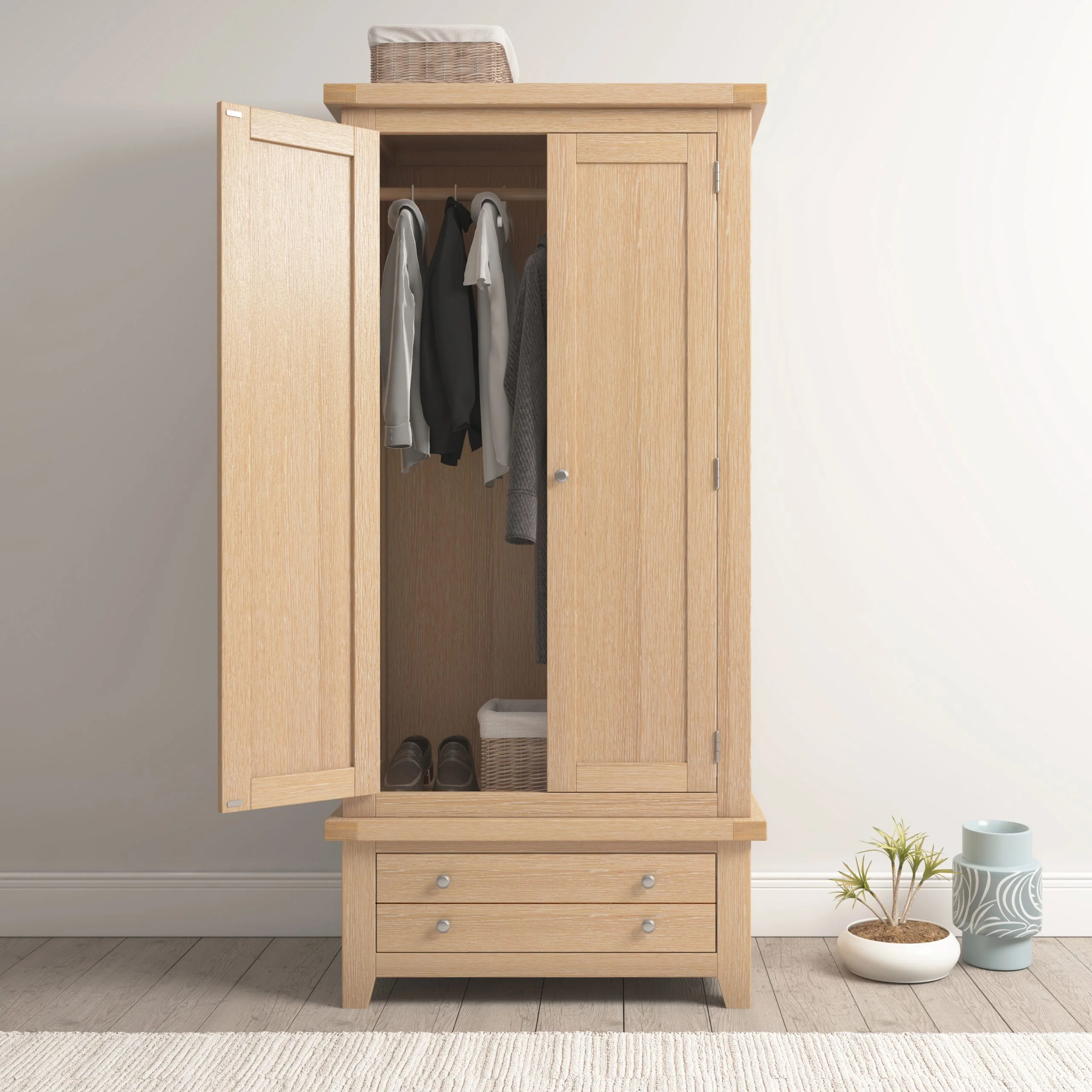 Windsor 2 Door 1 Drawer Wardrobe – Natural Oak with Internal Shelf 900mm