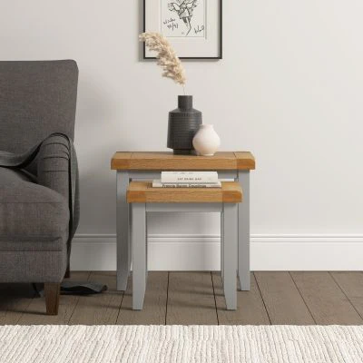 WBF - Windsor Nest of 2 Tables – Pebble Grey with Oak Top 540mm