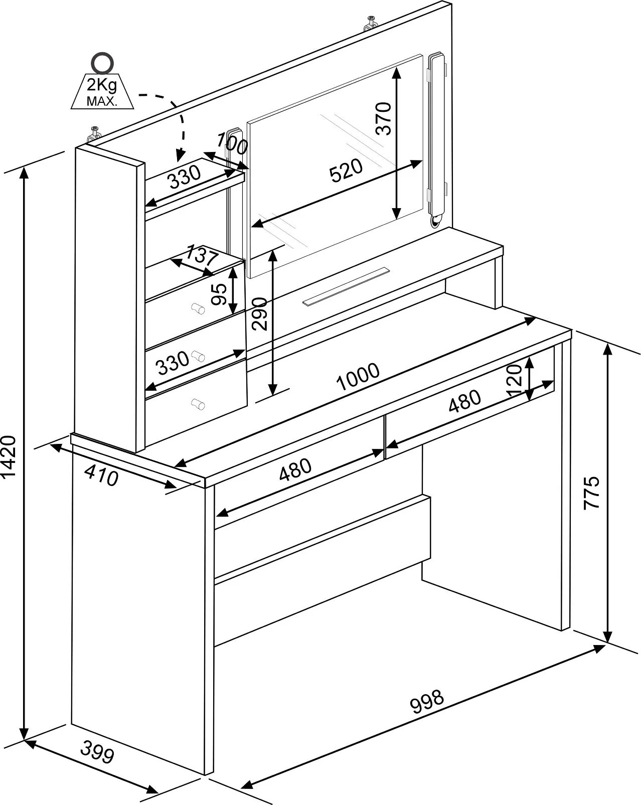 Wish Vanity Table – Dimmable Lights with Storage Drawers - Image 6